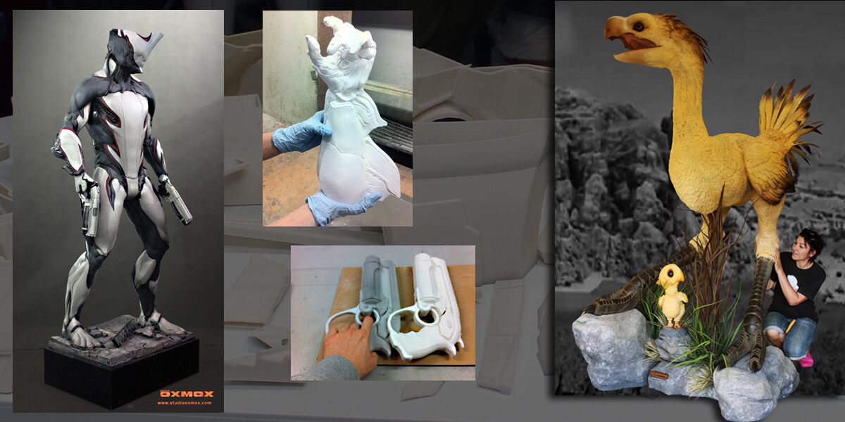 3D print of Warframe statue and life-size Chocobo statue for Finale Fantasy sculpted by studio oxmox