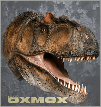 Allosaurus life sized dinosaur sculpture, hand painted, sculpted by Studio Oxmox