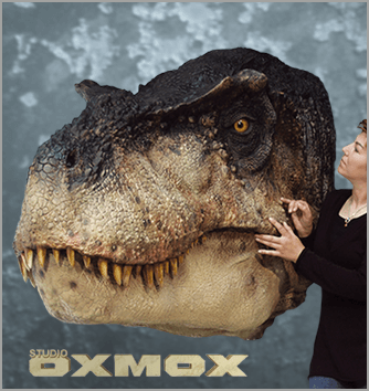 T-REX head, Tyrannosaurus Rex dinosaur sculpture, life sized display, closed mouth, sculpted by Studio Oxmox